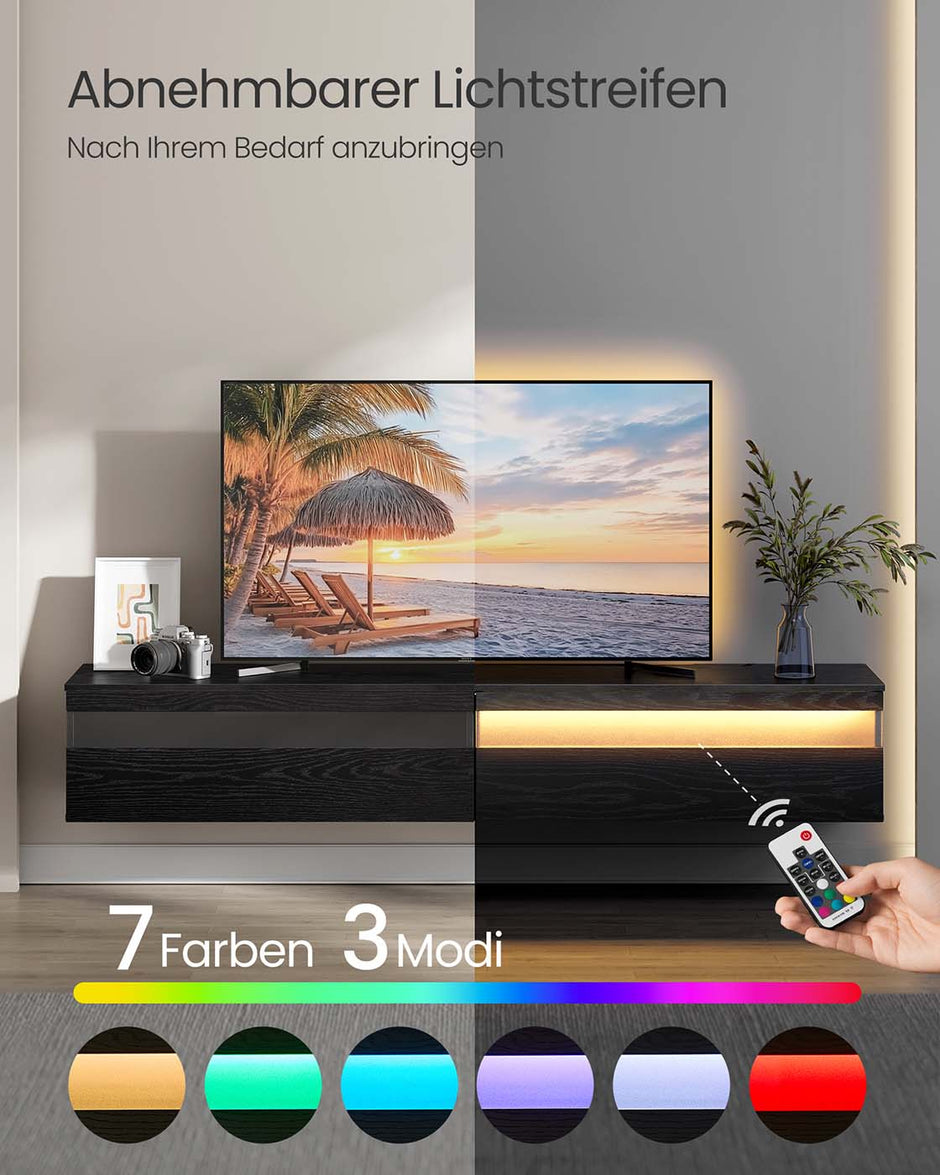 TV Meubel met verlichting (7 kleuren, 3 standen) - - 178 x 35 x 30 cm - 3x Stopcontact - 2x USB A - Twee opbergruimtes - Ebbenhout
