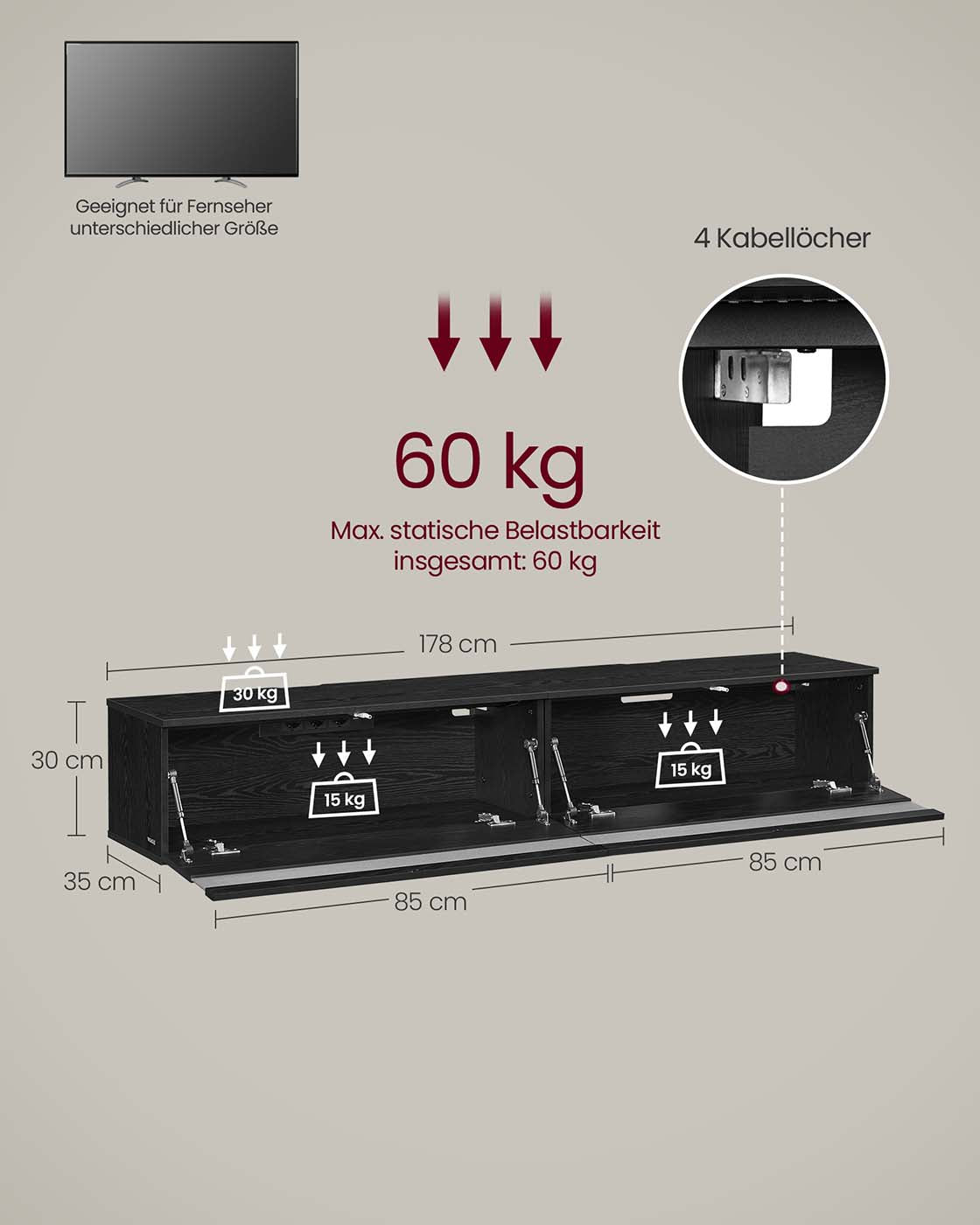 TV Meubel met verlichting (7 kleuren, 3 standen) - - 178 x 35 x 30 cm - 3x Stopcontact - 2x USB A - Twee opbergruimtes - Ebbenhout