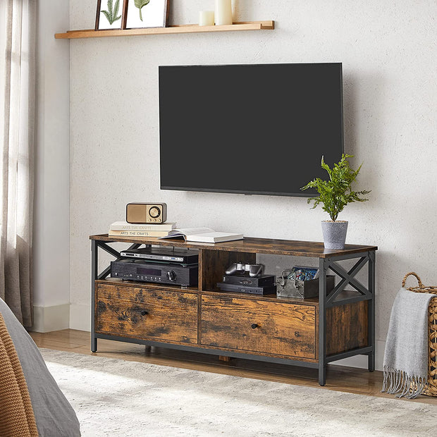 TV-meubel – Uitschuifbaar – Vintage bruin en zwart – Voor TV’s tot 55 inch – Met lades en open planken