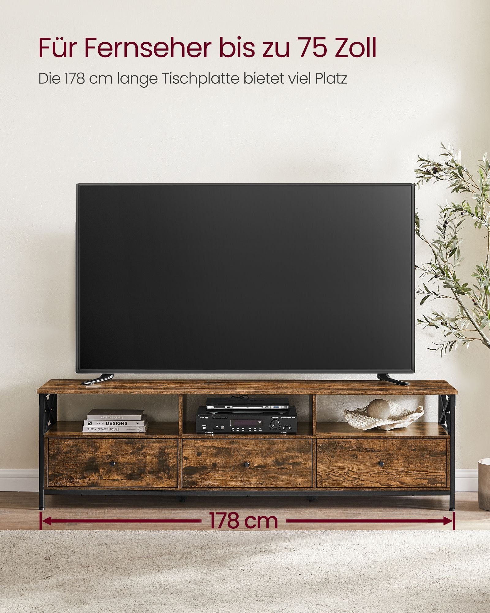 TV-meubel – Modern – Wit – 40 x 178 x 50 cm – Met 3 lades en open compartimenten – Voor TV’s tot 65 inch