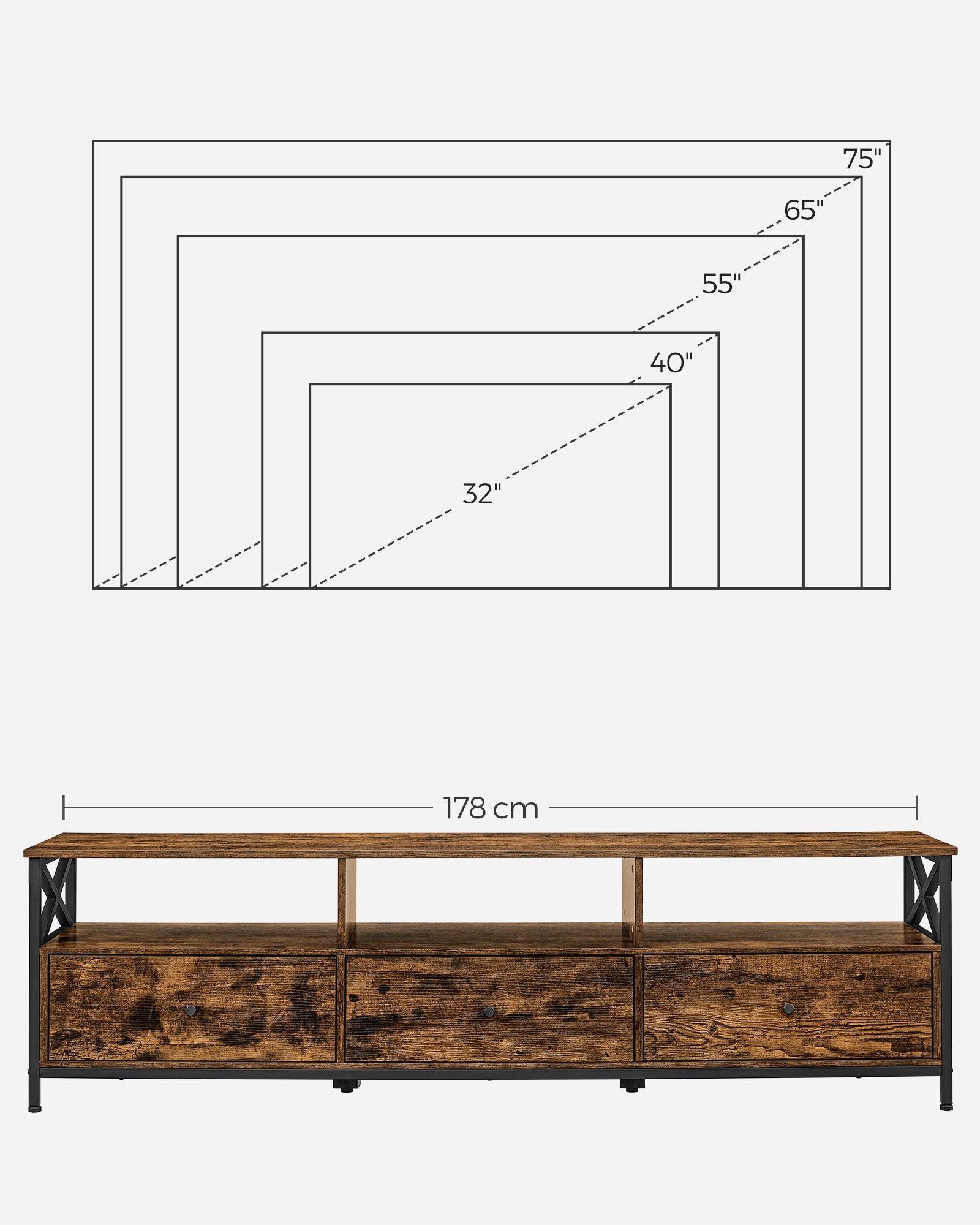 TV-meubel – Modern – Wit – 40 x 178 x 50 cm – Met 3 lades en open compartimenten – Voor TV’s tot 65 inch