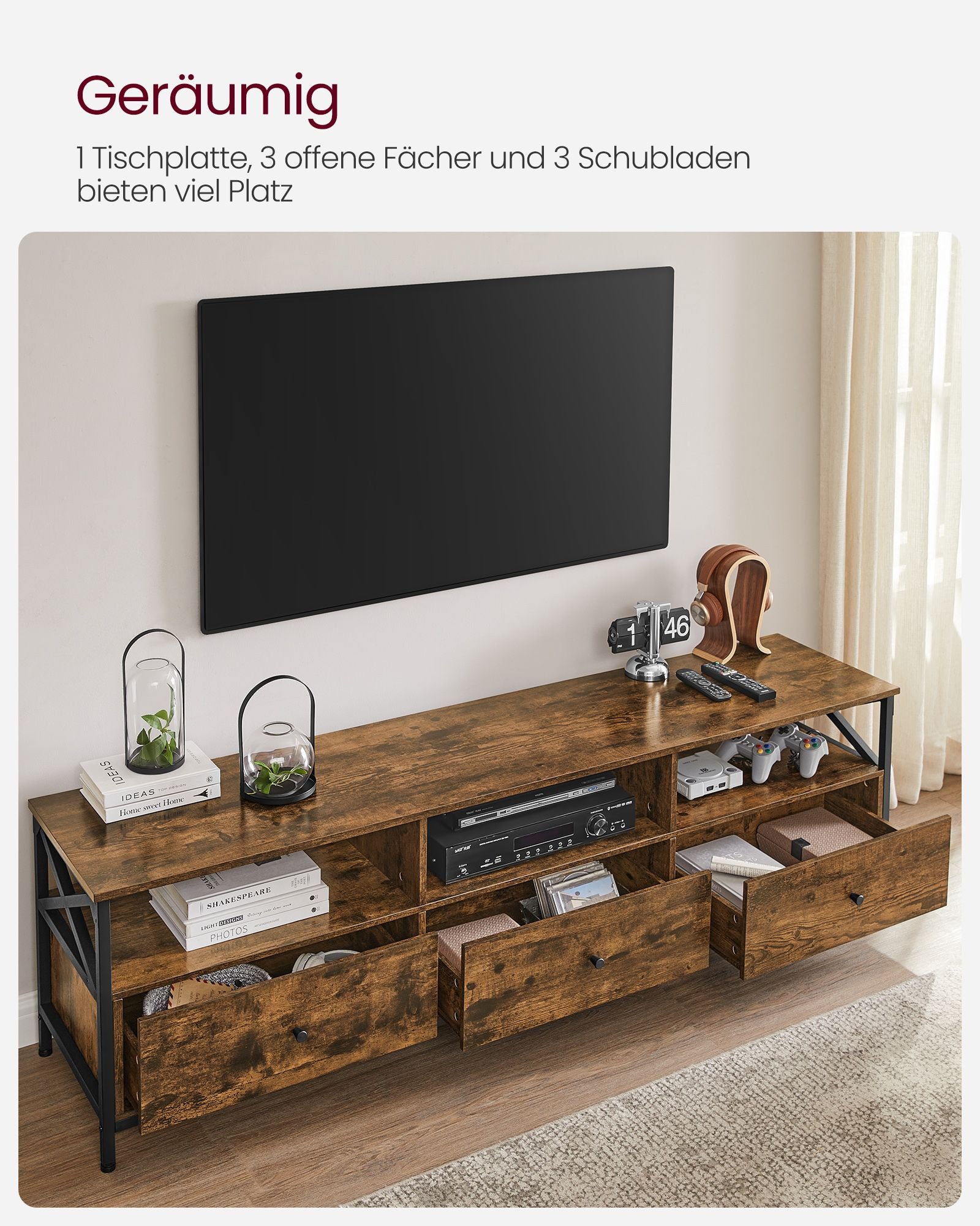 TV-meubel – Modern – Wit – 40 x 178 x 50 cm – Met 3 lades en open compartimenten – Voor TV’s tot 65 inch