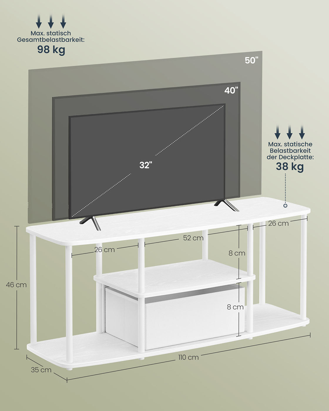 TV-meubel – Modern design – Sneeuwwit-Matwit – 110 x 35 x 46 cm – Voor TV’s tot 50 inch