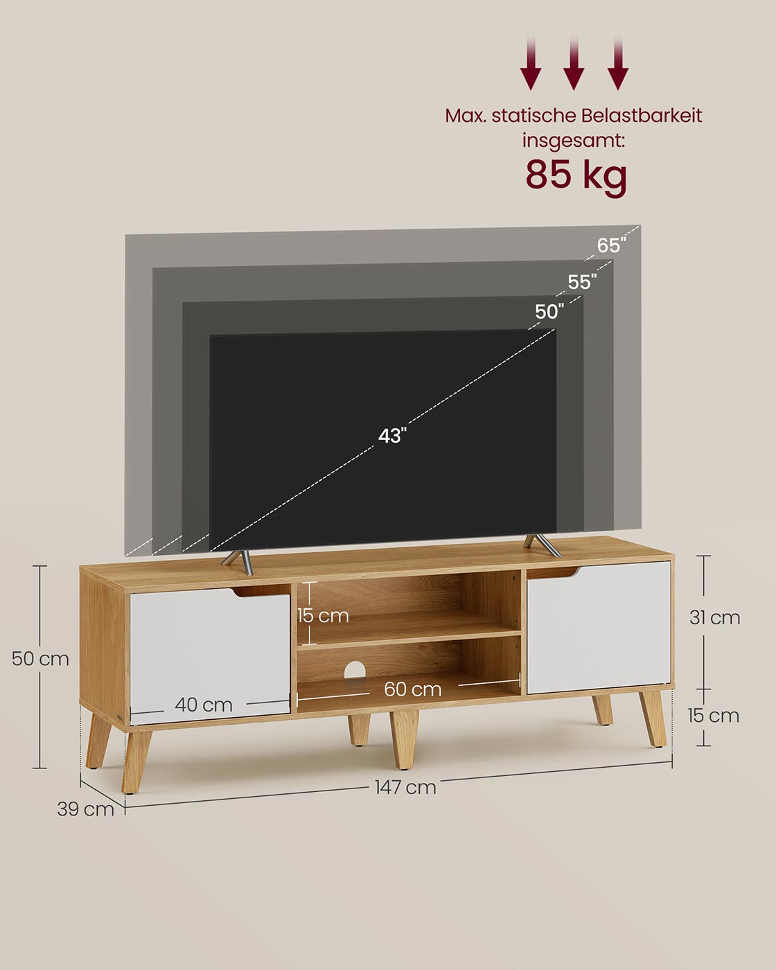 TV-meubel – Natuurlijk eiken-crèmewit – 147 x 39 x 50 cm - Met verstelbare plank