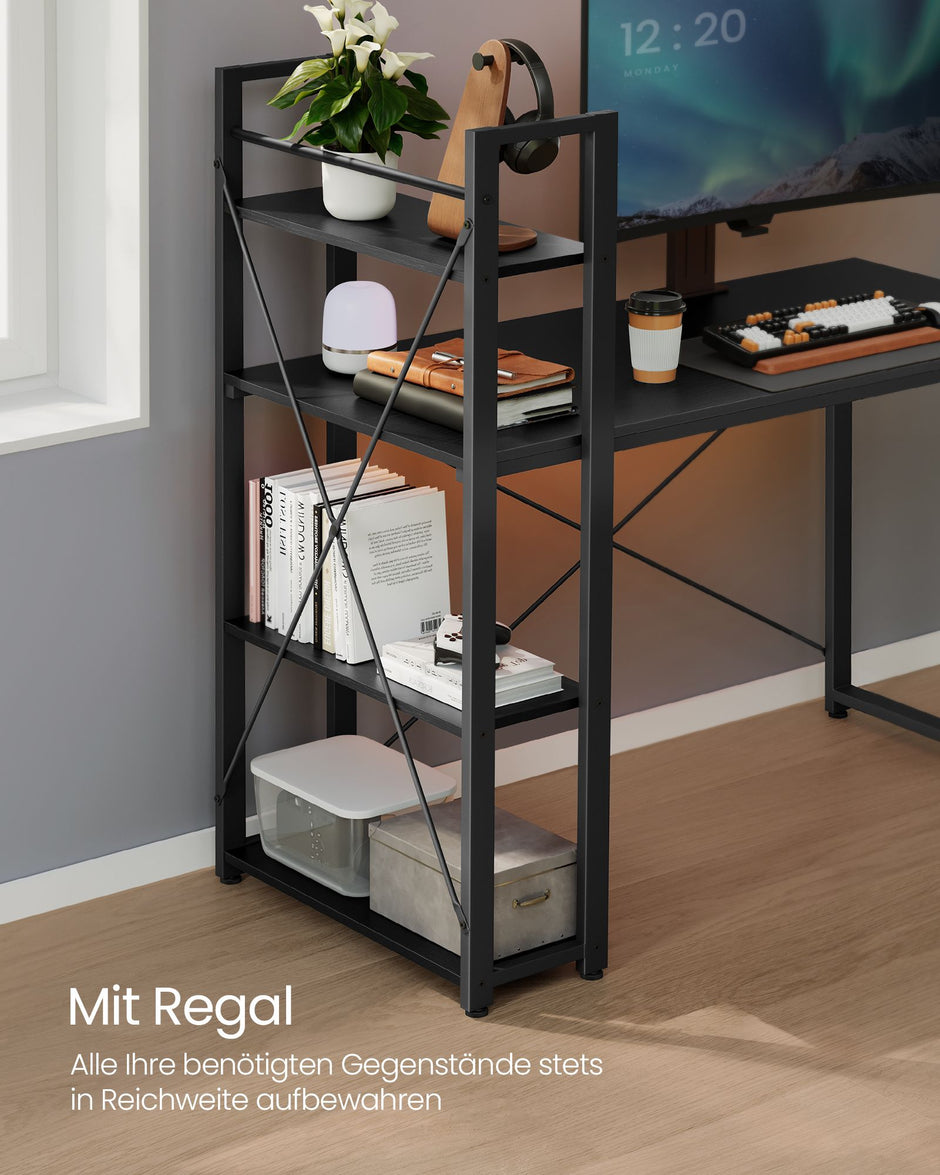 Bureau – 56 x 120 cm – Met flexibele plank – Ruime opbergruimte – Verstelbare poten – Zwart