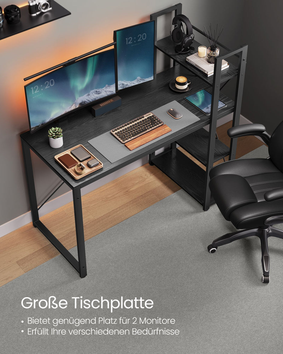 Bureau – 56 x 120 cm – Met flexibele plank – Ruime opbergruimte – Verstelbare poten – Zwart