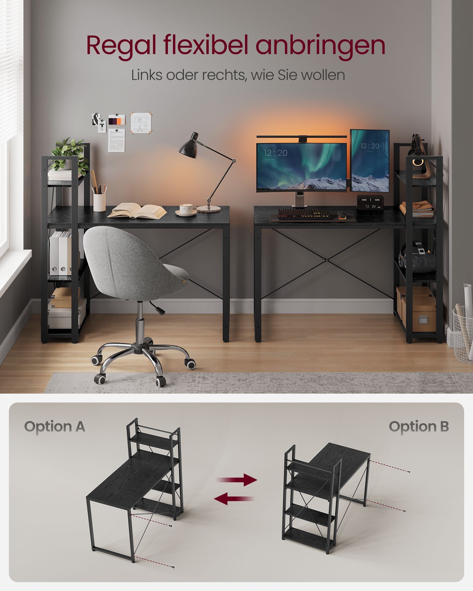 Bureau – 56 x 120 cm – Met flexibele plank – Ruime opbergruimte – Verstelbare poten – Zwart