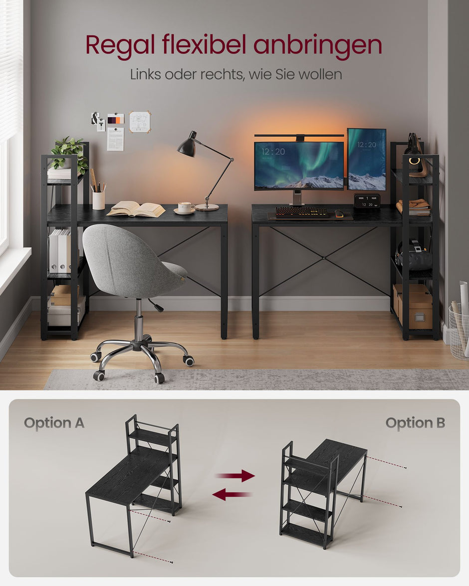 Bureau – 56 x 120 cm – Met flexibele plank – Ruime opbergruimte – Verstelbare poten – Zwart