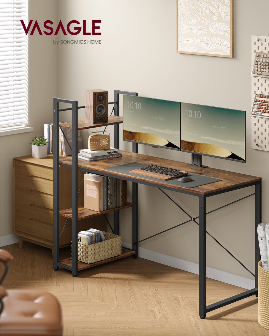 Bureau – 56 x 120 cm – Flexibel met planken – Vintage bruin-zwart