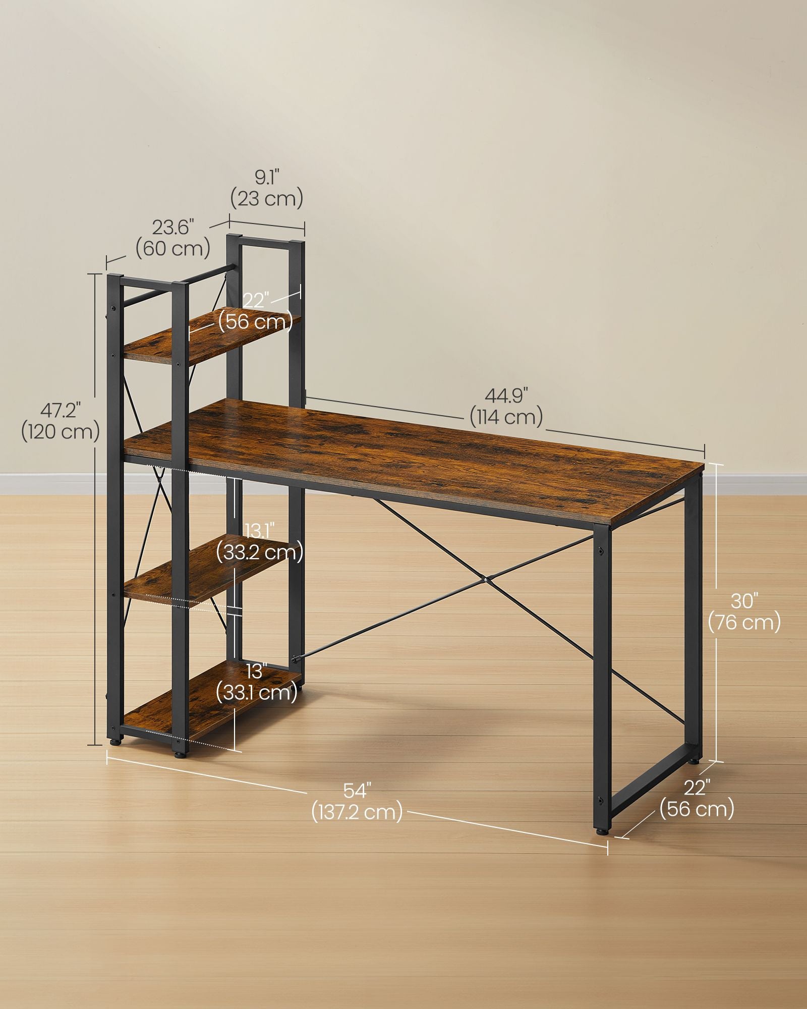 Bureau – 56 x 120 cm – Flexibel met planken – Vintage bruin-zwart