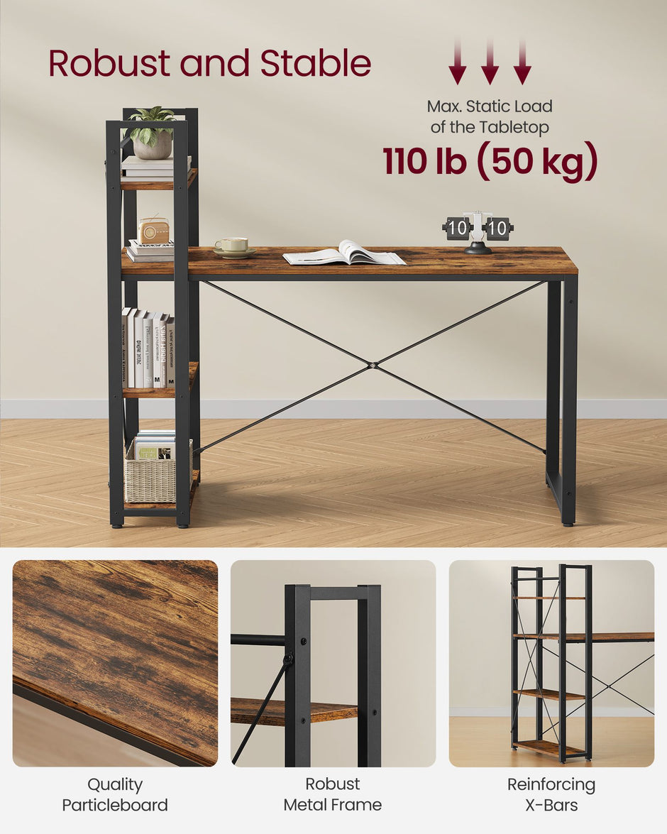 Bureau – 56 x 120 cm – Flexibel met planken – Vintage bruin-zwart