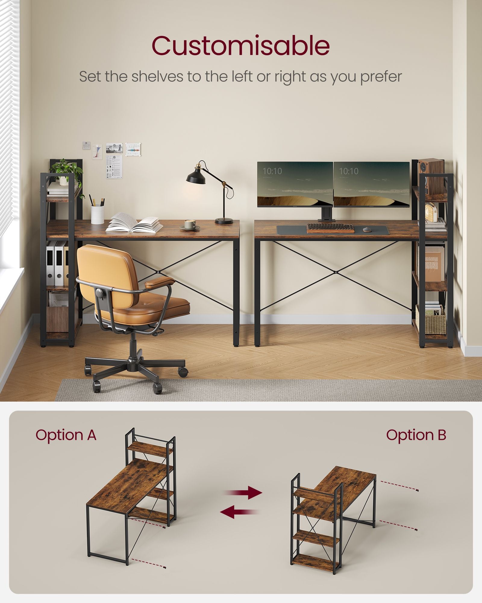 Computerbureau – met planken – vintage bruin-zwart