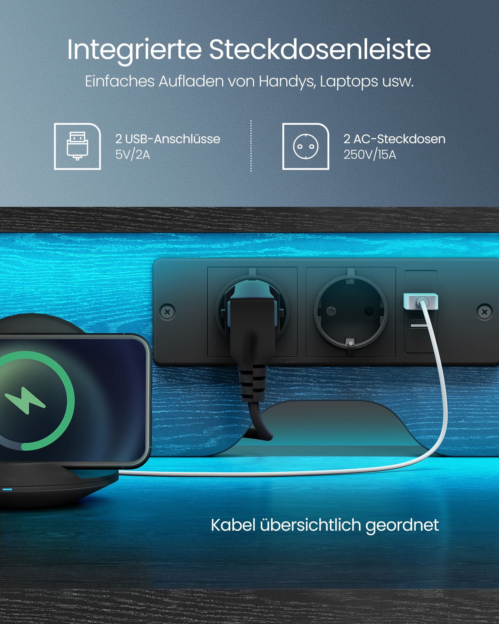 Bureau met lades en stopcontacten – ebbenhout zwart