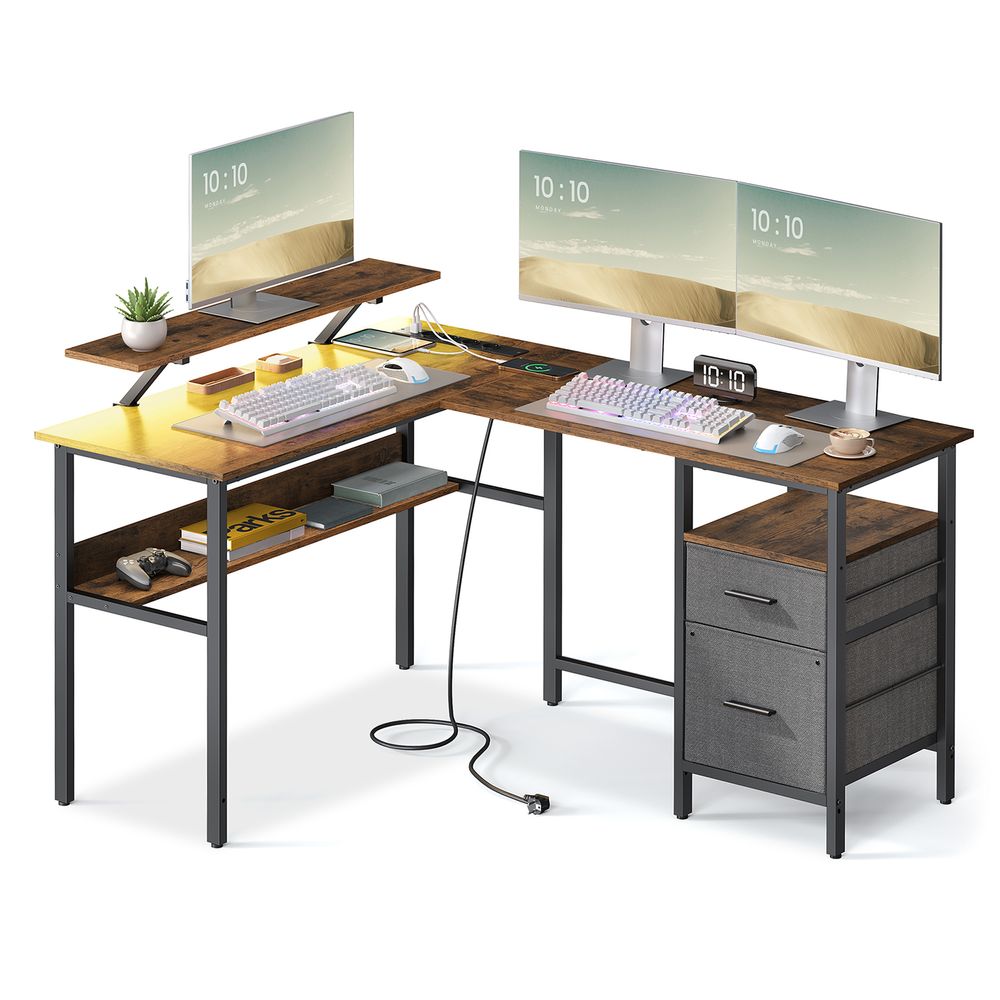 Bureau - Hoekbureau - L vormig - Met stopcontact en ladekast - Zwart