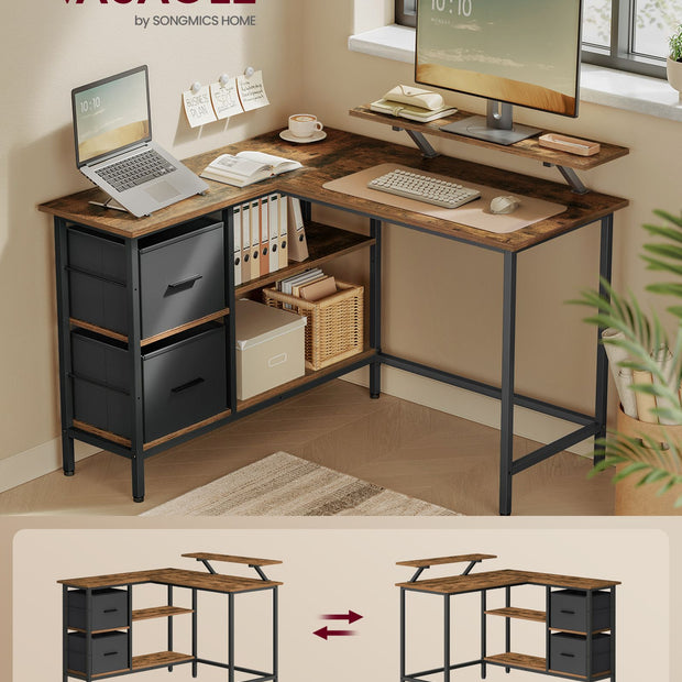 Hoekbureau – 105 x 115 cm  – 2 lades – Verstelbare plank – Stalen frame