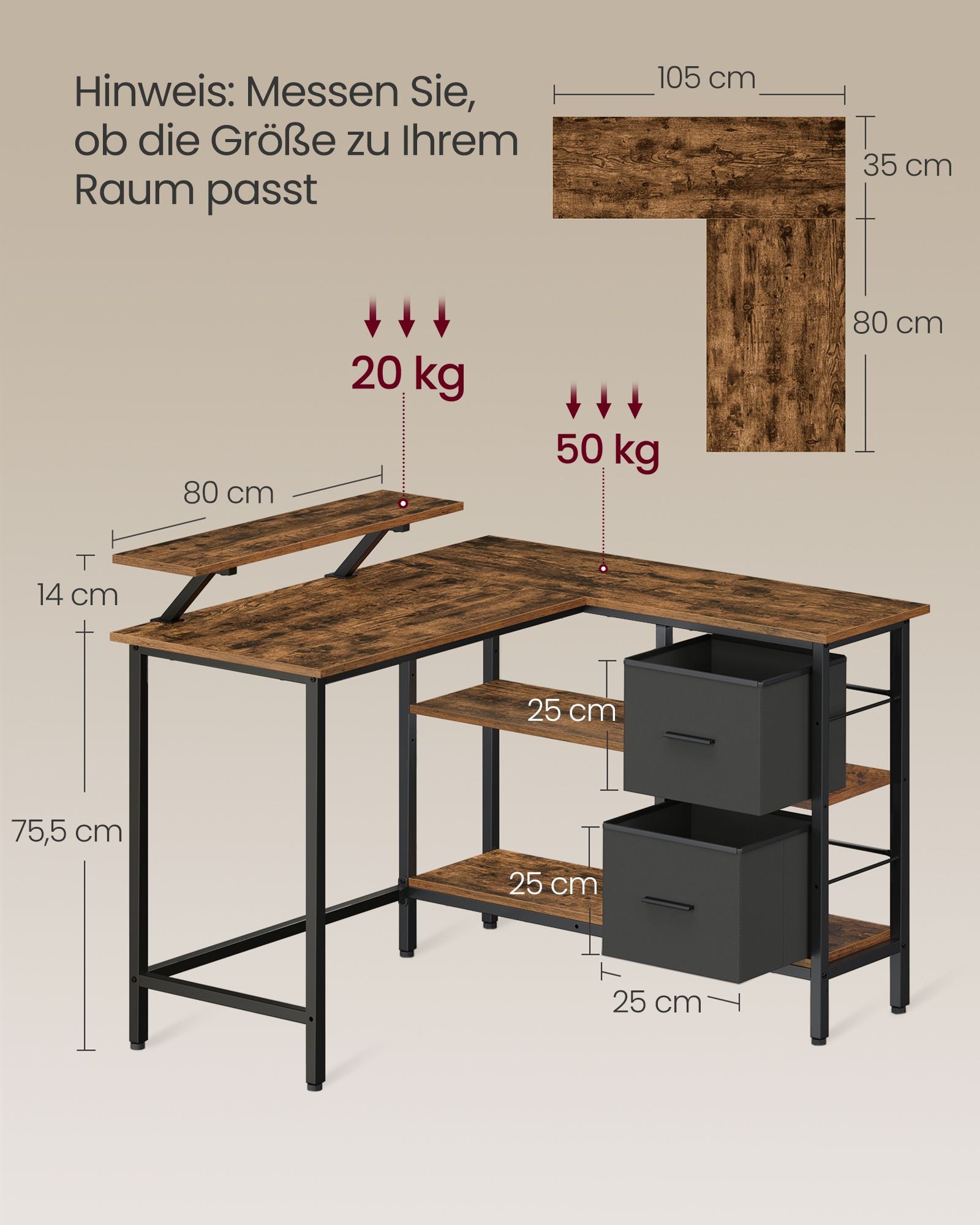 L-vormig bureau – met 2 lades – vintagebruin