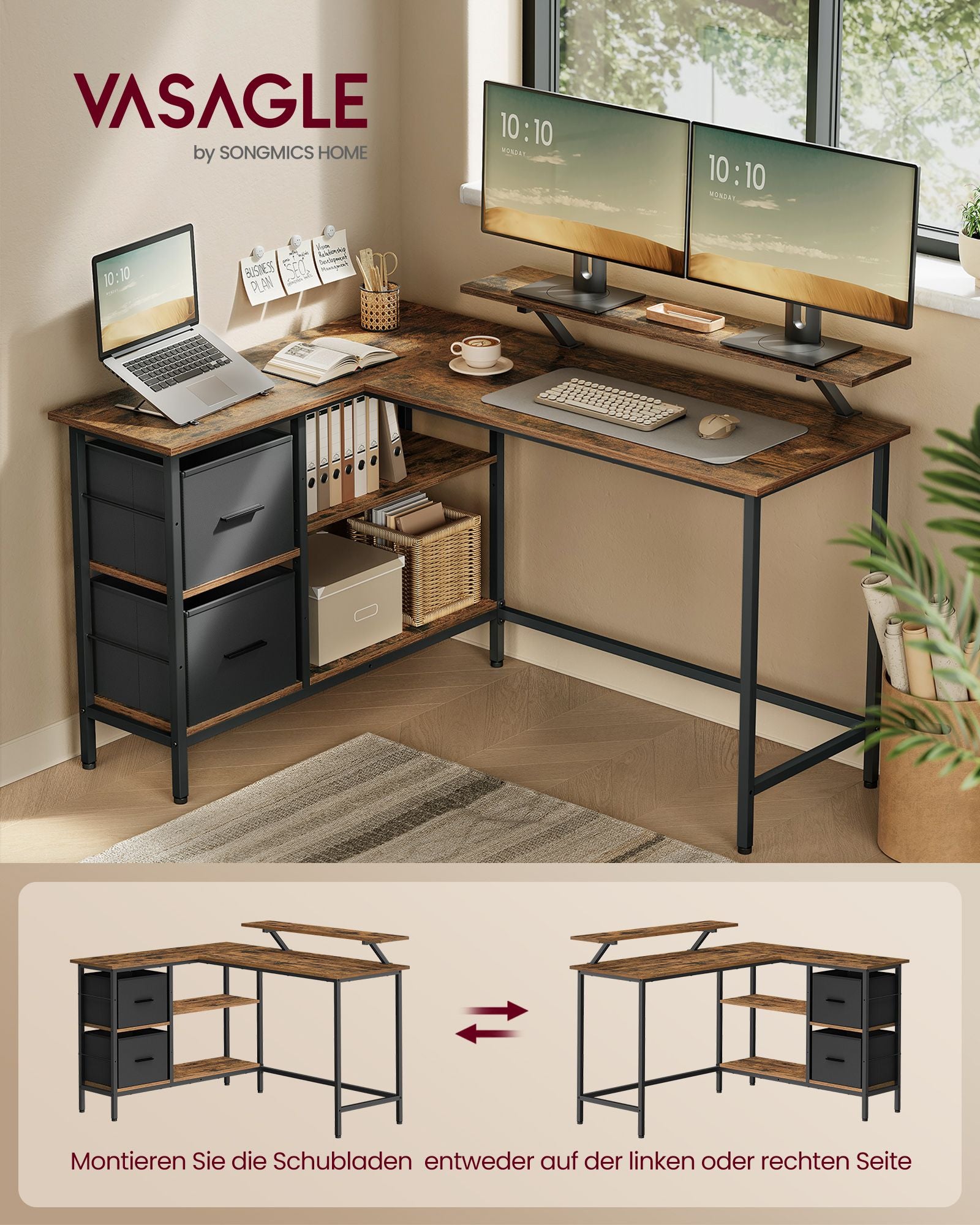 L-vormig bureau – met 2 lades – 135 × 105 cm