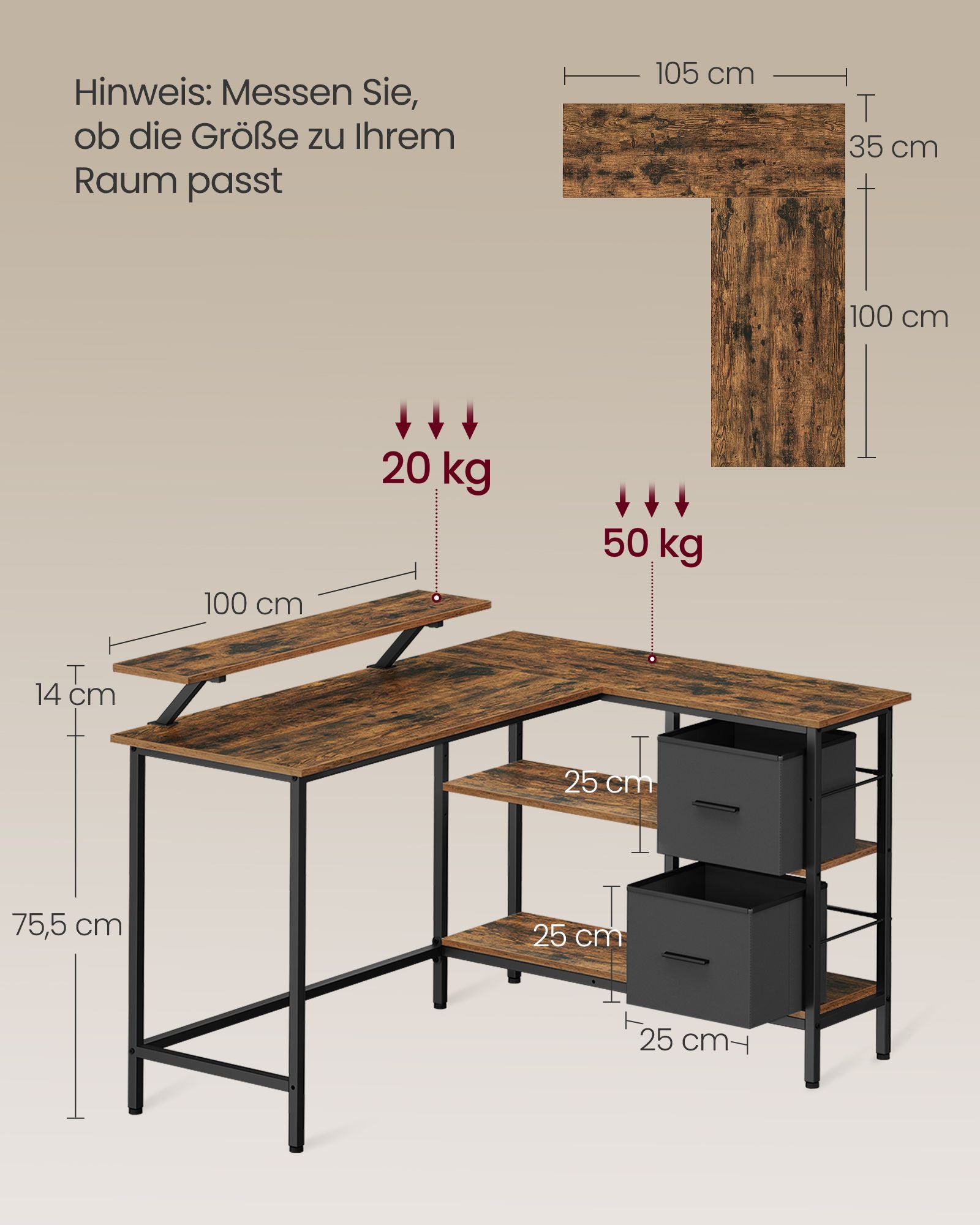 L-vormig bureau – met 2 lades – 135 × 105 cm