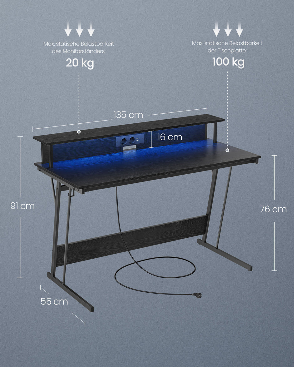 Bureau 55 x 135 cm – Met monitorstandaard – Ergonomisch werken – Ebbenhout zwart – Sterke constructie