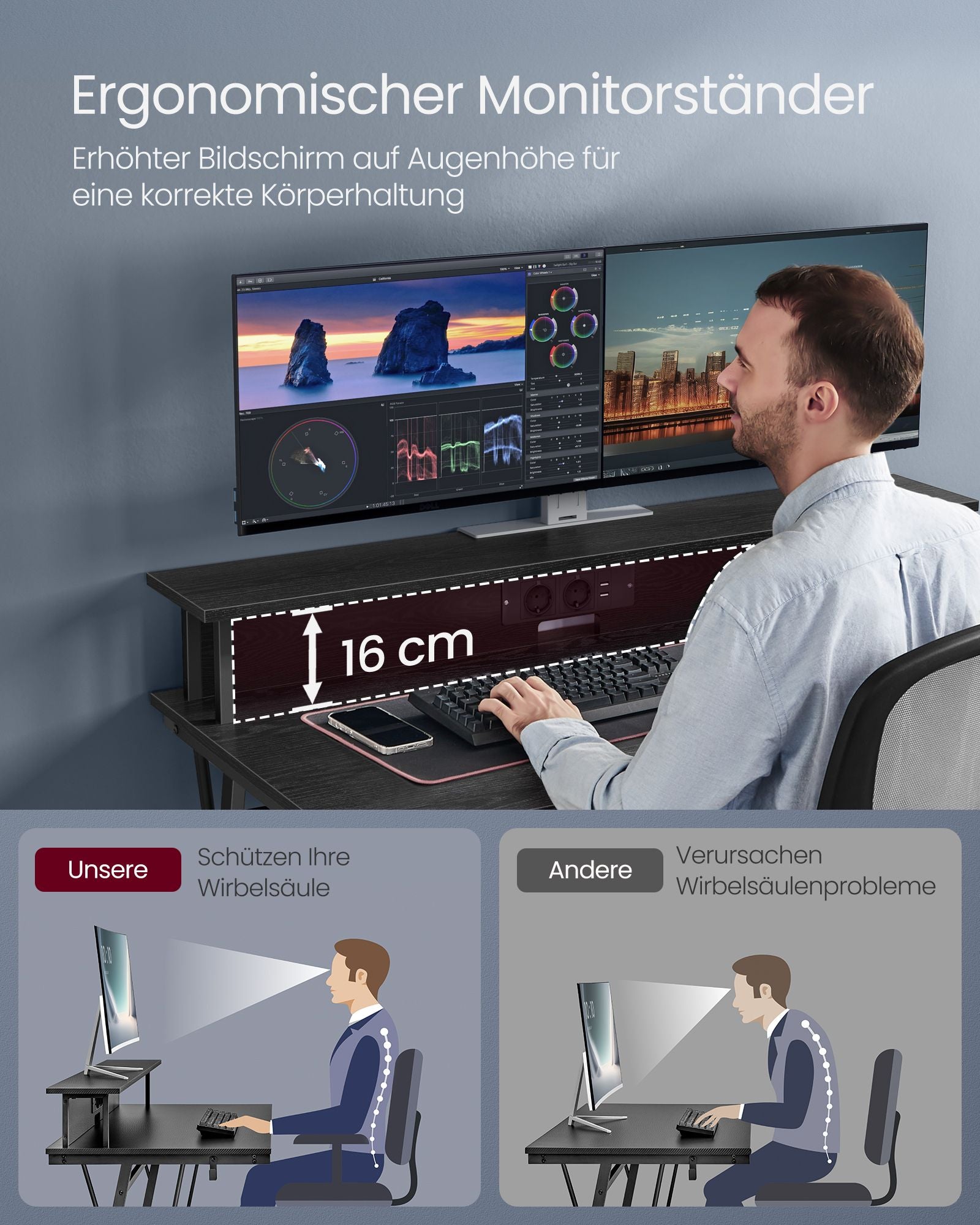 Bureau 55 x 135 cm – Met monitorstandaard – Ergonomisch werken – Ebbenhout zwart – Sterke constructie