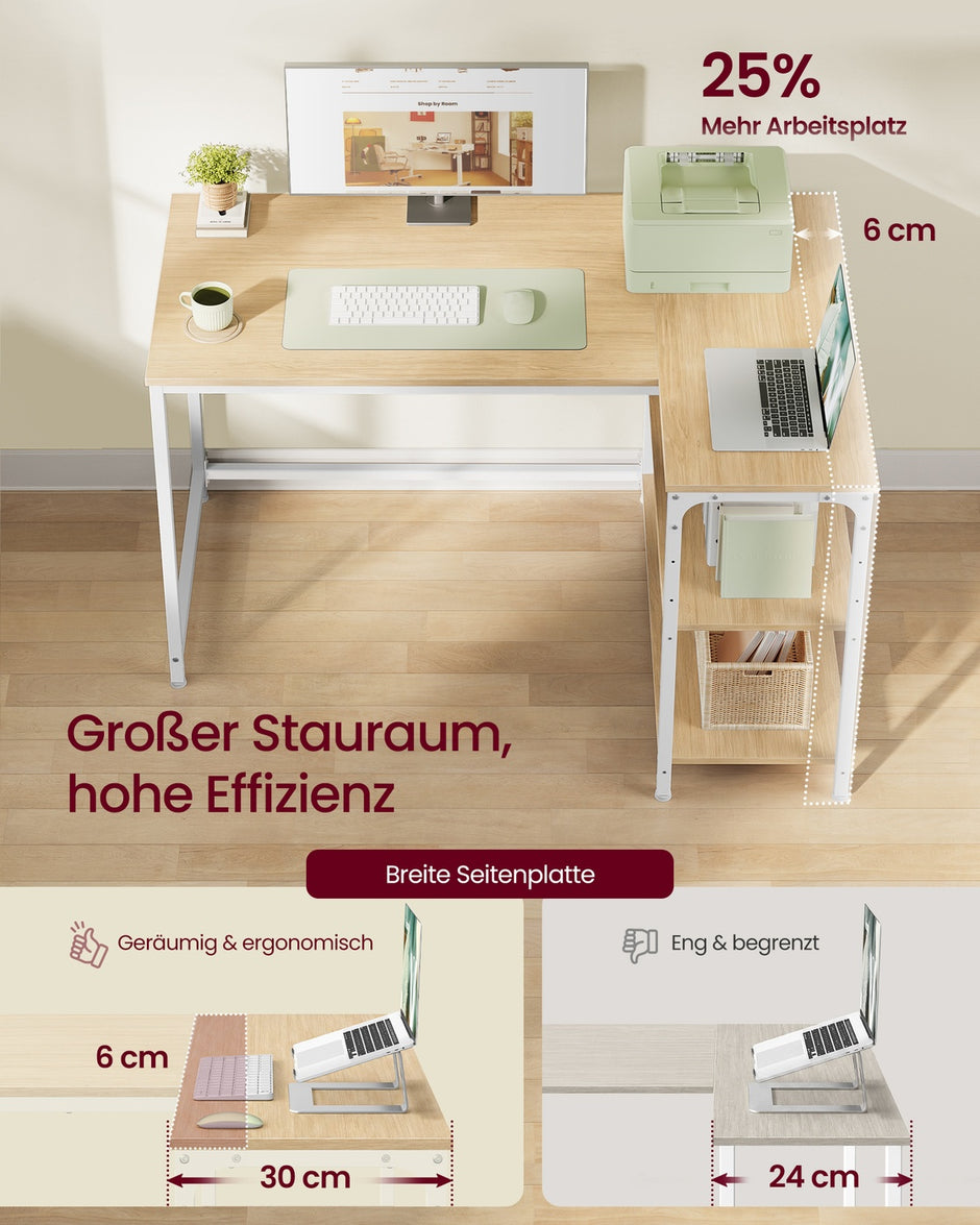 Hoekbureau L-vormig – 110 x 80 cm – Met Opbergplanken – Omkeerbaar – Eiken en Wit