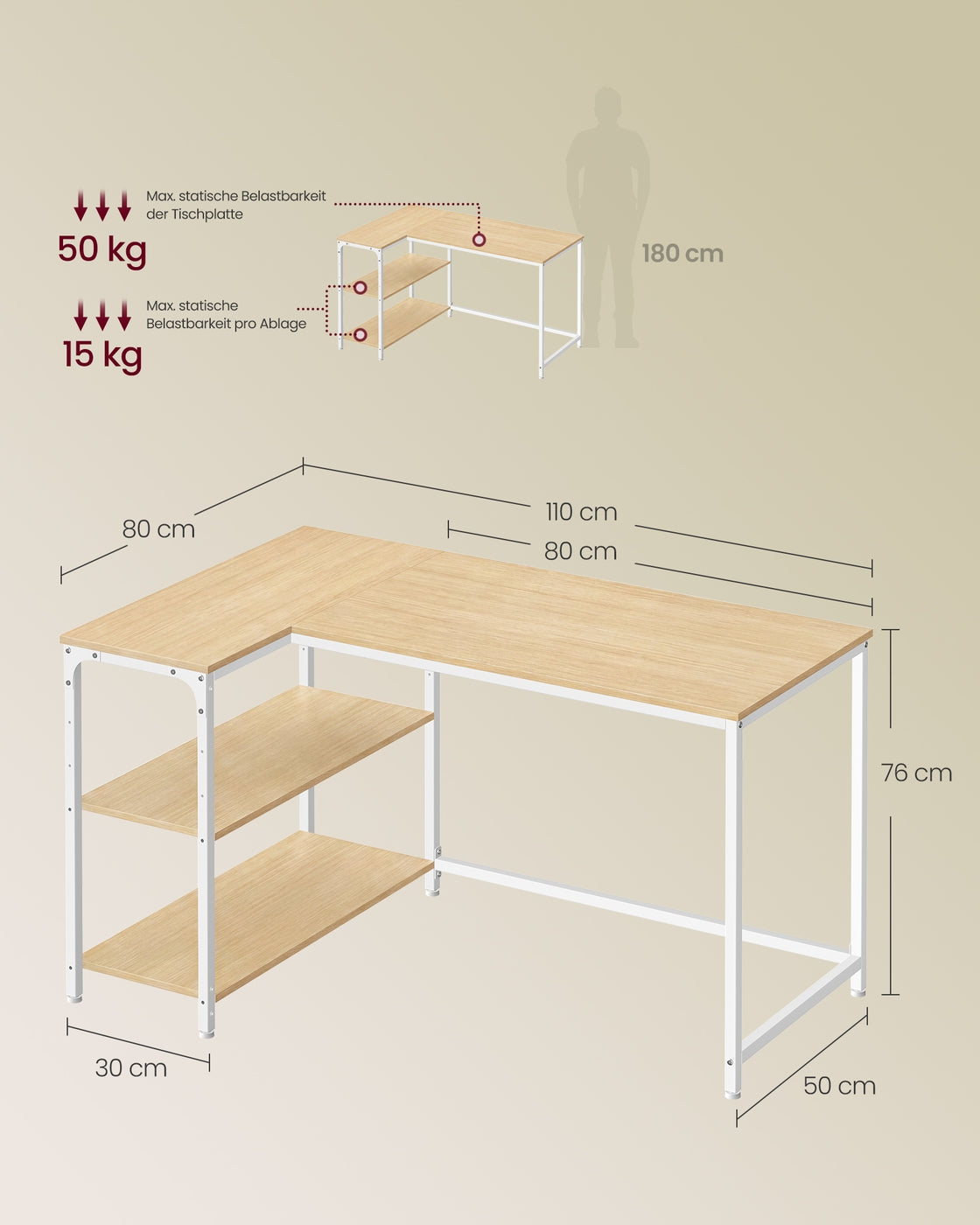 Hoekbureau L-vormig – 110 x 80 cm – Met Opbergplanken – Omkeerbaar – Eiken en Wit