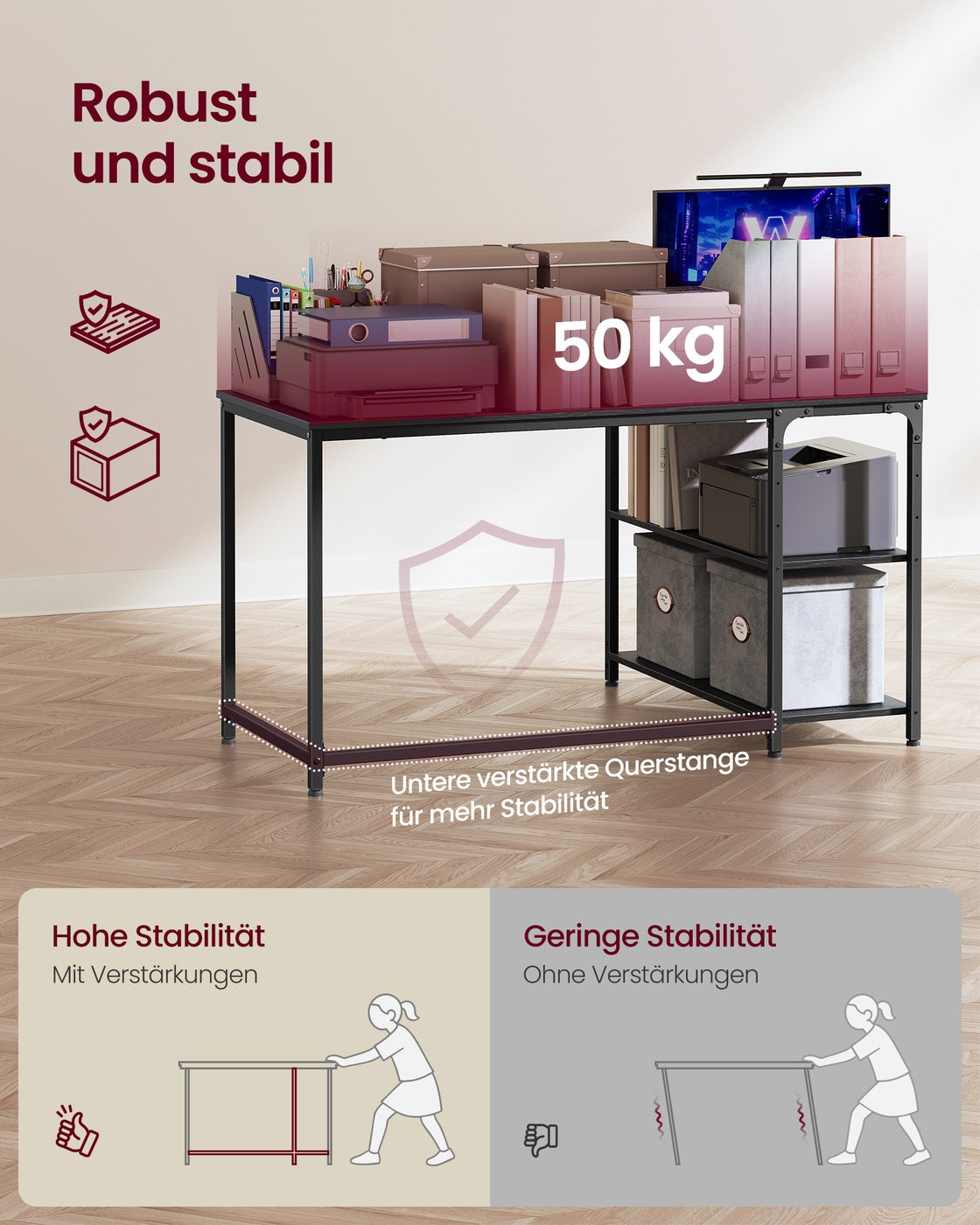Hoekbureau - 120 x 80 x 76 cm - in hoogte verstelbare plank - ebbenzwart - max. belasting tafelblad 50 kg - max. belasting per plank 15 kg