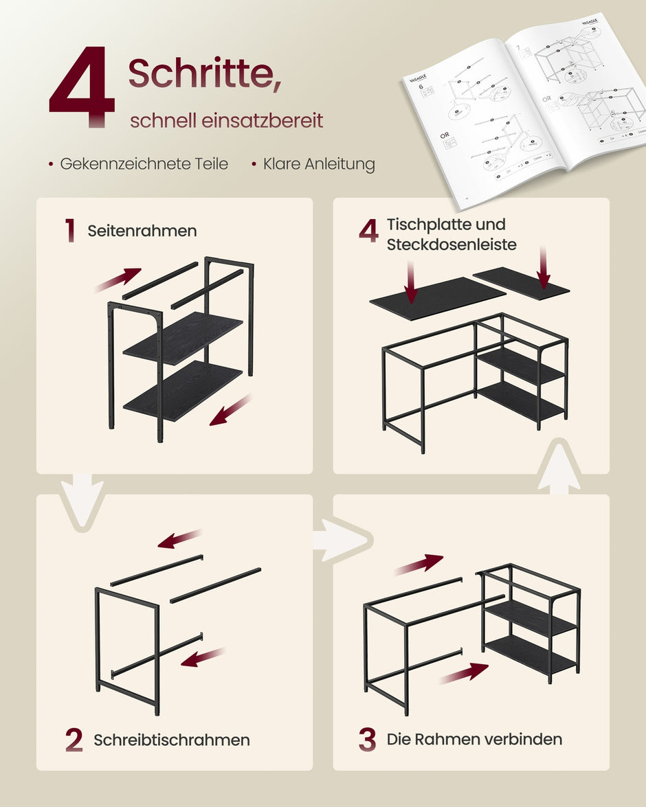 Hoekbureau - 120 x 80 x 76 cm - in hoogte verstelbare plank - ebbenzwart - max. belasting tafelblad 50 kg - max. belasting per plank 15 kg