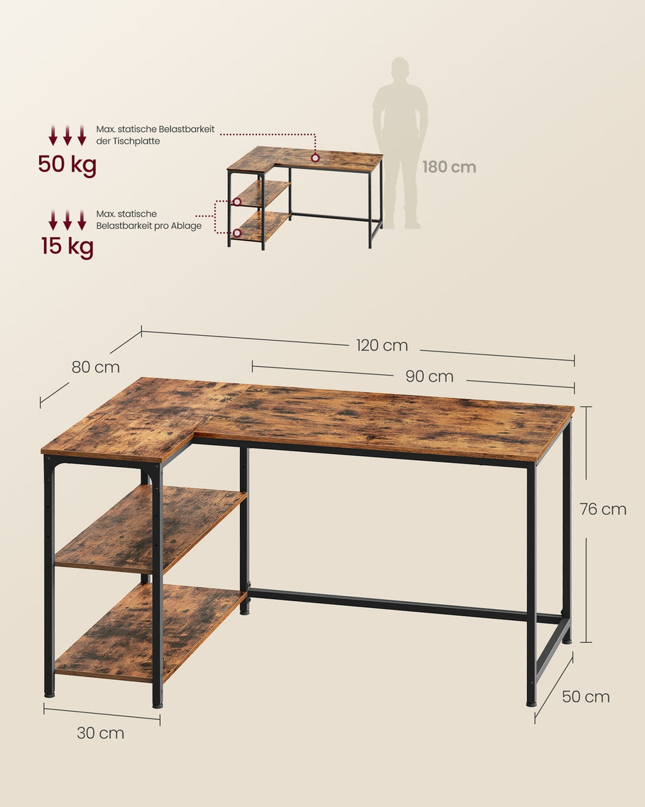 Hoekbureau - 120 x 80 x 76 cm - in hoogte verstelbare plank - vintage bruin - maximale belasting tafelblad 50 kg - maximale belasting per plank 15 kg