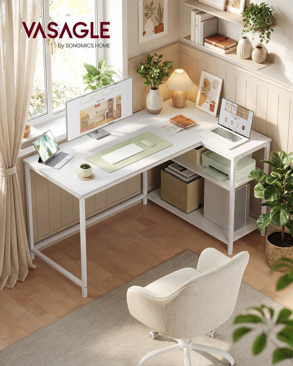 Hoekbureau - 120 x 80 x 76 cm - in hoogte verstelbare plank - esdoornwit - maximaal 50 kg tafelblad draagkracht - maximaal 15 kg per plank