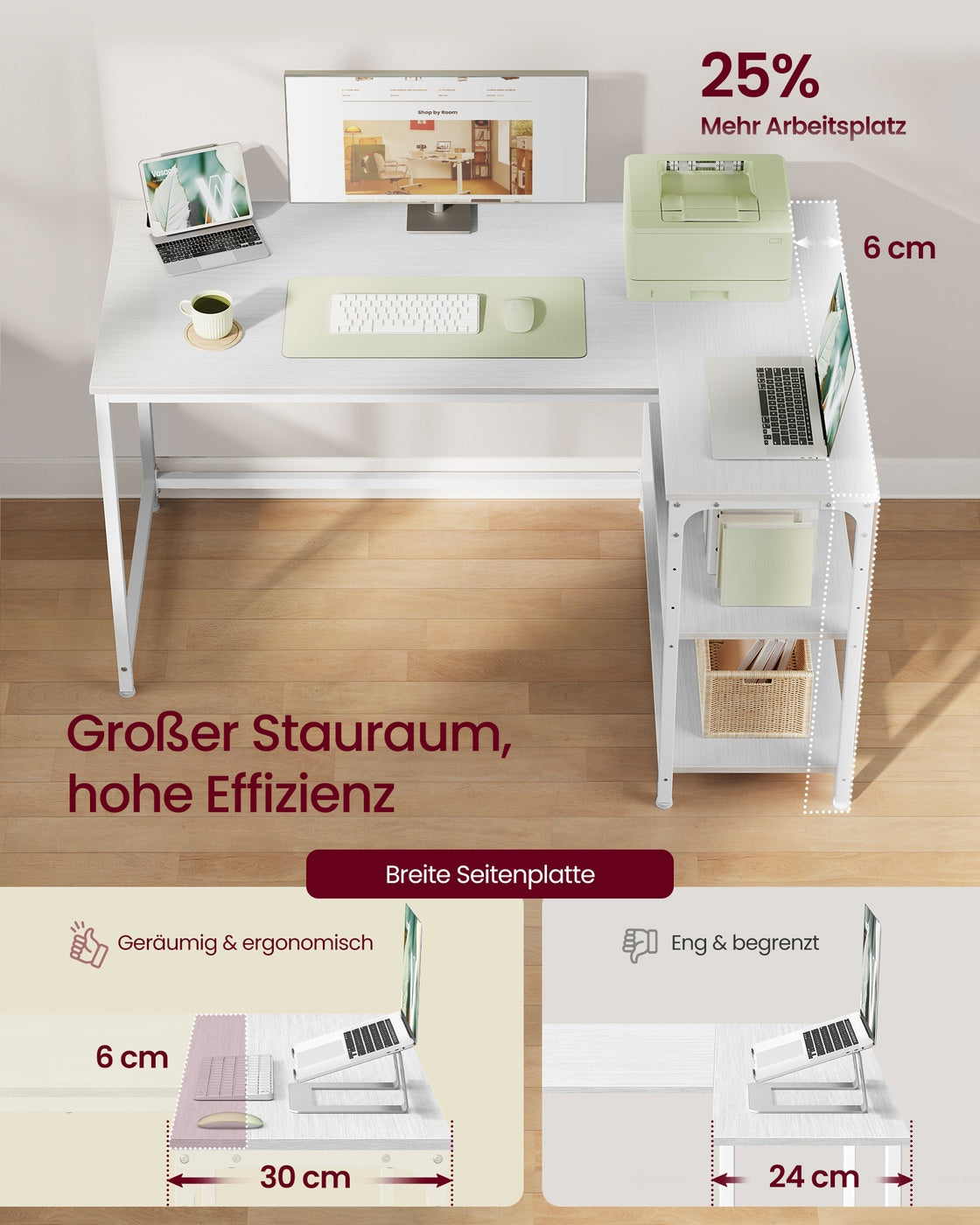 Hoekbureau - 120 x 80 x 76 cm - in hoogte verstelbare plank - esdoornwit - maximaal 50 kg tafelblad draagkracht - maximaal 15 kg per plank