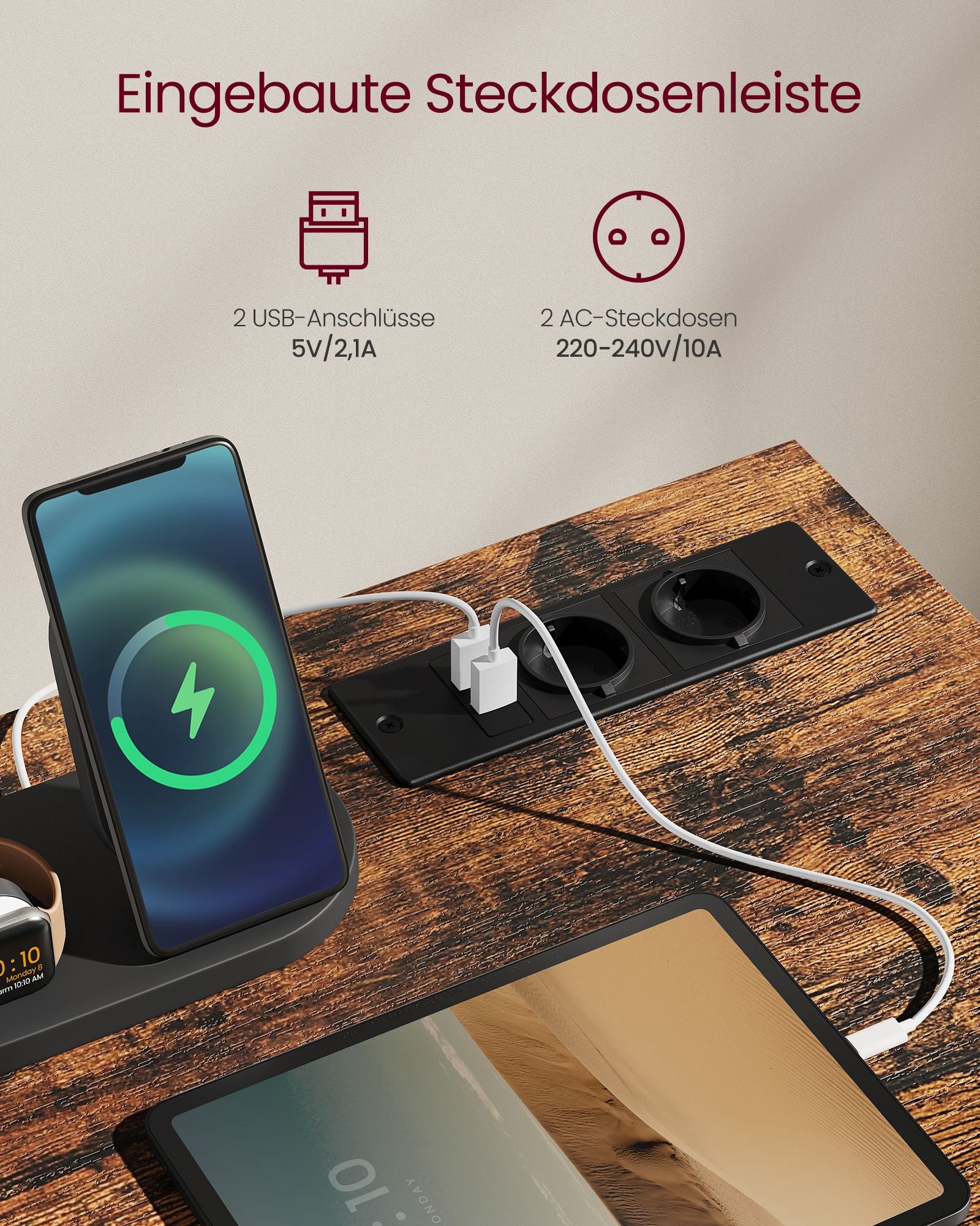 Bureau – 50 x 100 cm – Ingebouwde LED-verlichting – 20 kleuren – 2× USB – 2× stopcontacten