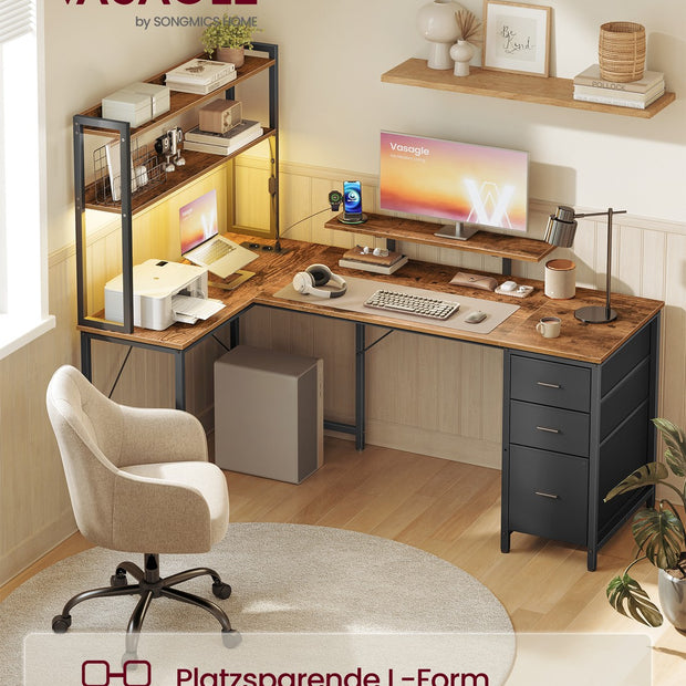Hoekbureau - L-Vorm - Ledverlichting - Met Stopcontacten - Vintage Bruin-Zwart