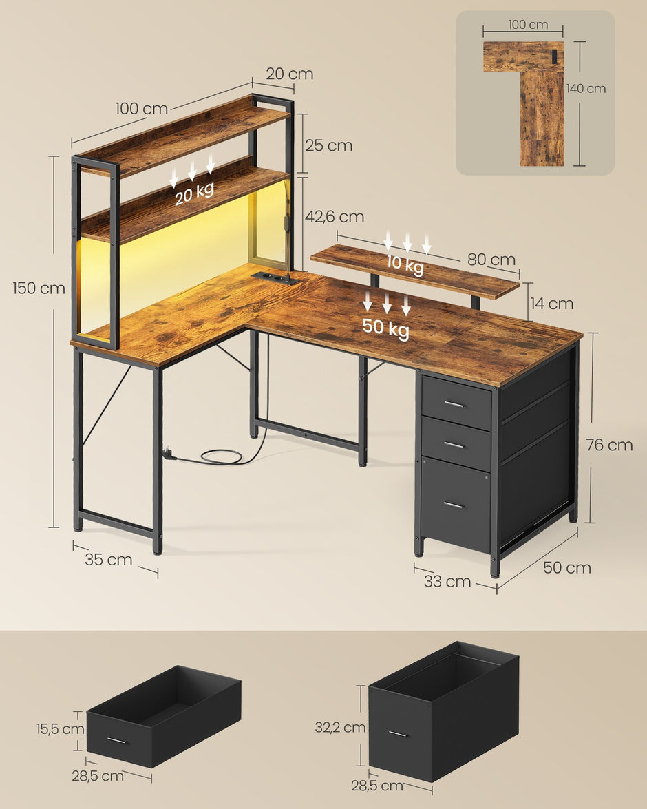 Hoekbureau - L-Vorm - Ledverlichting - Met Stopcontacten - Vintage Bruin-Zwart