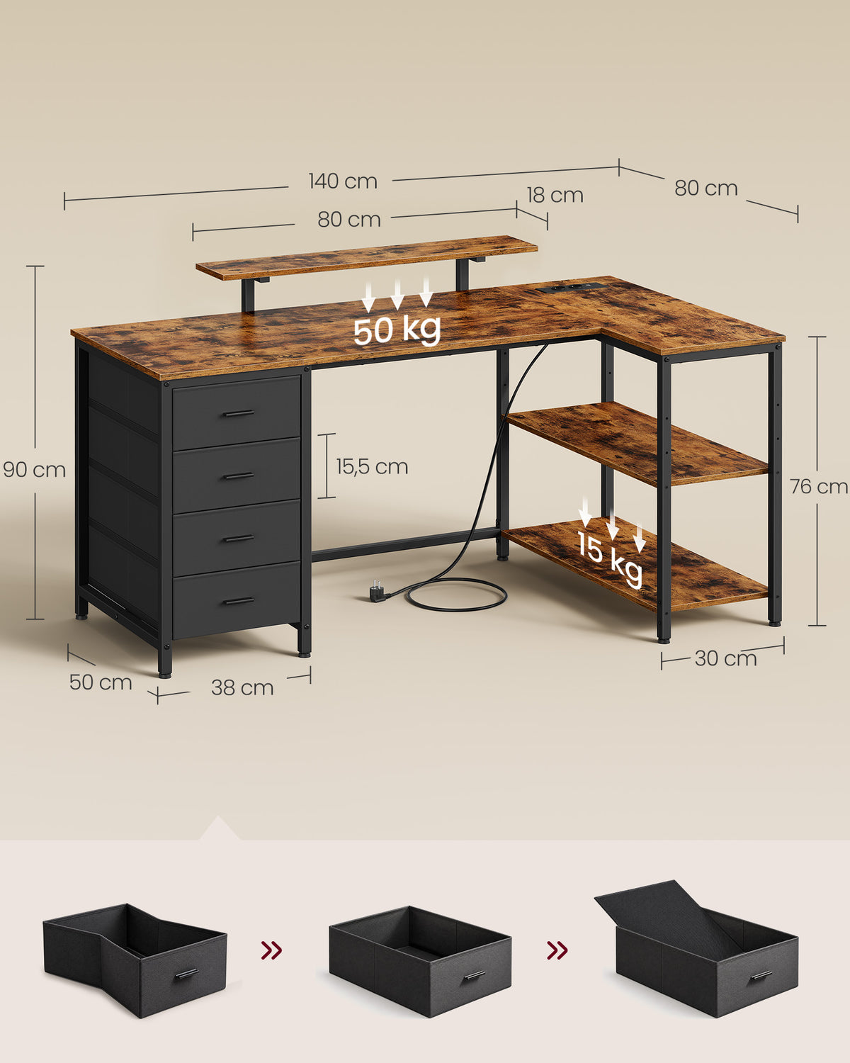Hoekbureau L-Vorm – 140 x 80 cm – Stopcontacten en 2 USB – 4 Lades – Vintage Bruin en Zwart