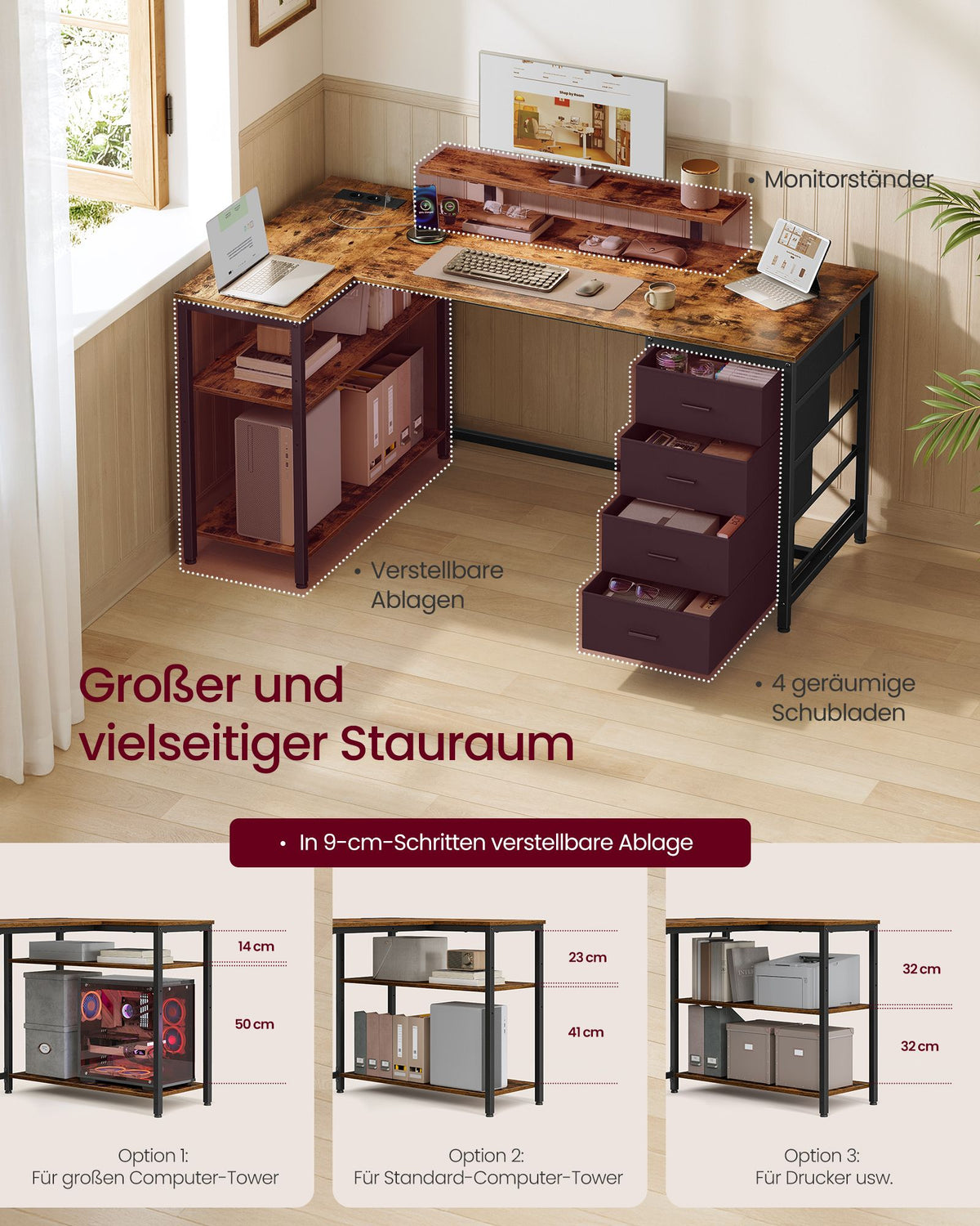 Hoekbureau L-Vorm – 140 x 80 cm – Stopcontacten en 2 USB – 4 Lades – Vintage Bruin en Zwart
