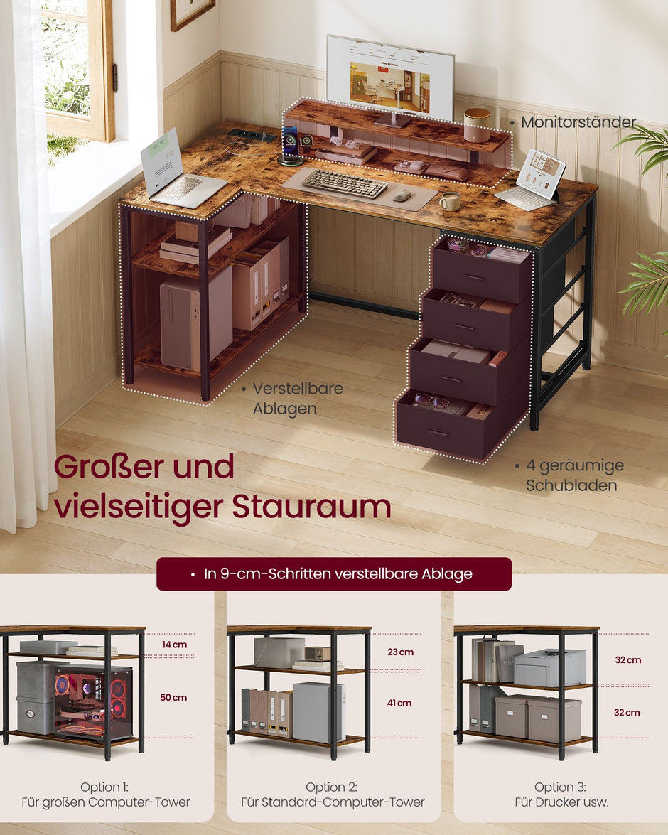 Hoekbureau L-Vorm – 140 x 80 cm – Stopcontacten en 2 USB – 4 Lades – Vintage Bruin en Zwart