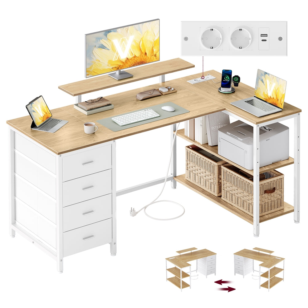 Hoekbureau - L-Vorm - Omkeerbaar - 4 Lades - Tarwegeel-Mat Wit