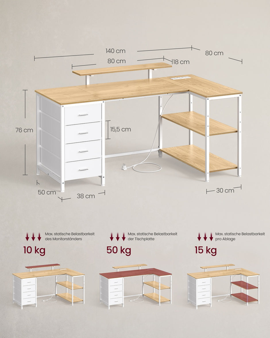 Hoekbureau - L-Vorm - Omkeerbaar - 4 Lades - Tarwegeel-Mat Wit