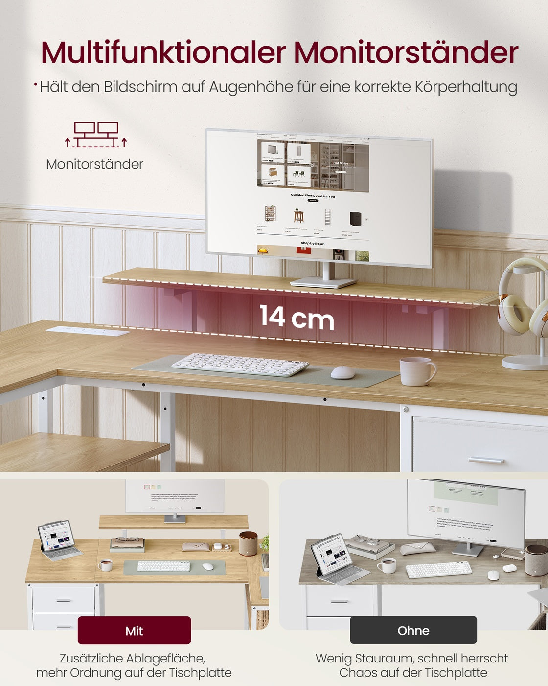 Hoekbureau - L-Vorm - Omkeerbaar - 4 Lades - Tarwegeel-Mat Wit