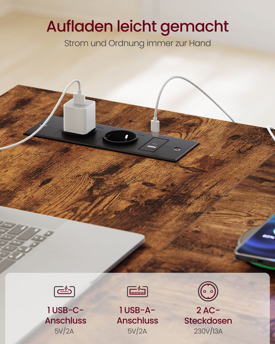 Hoekbureau L-Vorm – 160 x 80 cm – Stopcontacten en 2 USB – 4 Lades – Vintage Bruin en Zwart