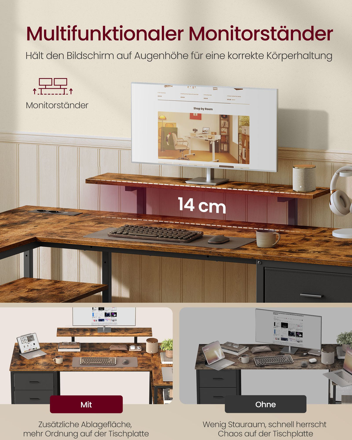 Hoekbureau L-Vorm – 160 x 80 cm – Stopcontacten en 2 USB – 4 Lades – Vintage Bruin en Zwart
