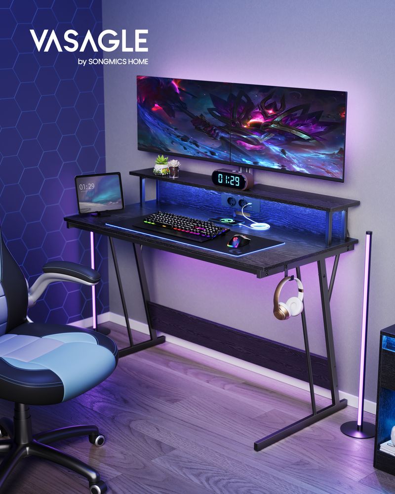 Game bureau – Geïntegreerde stekkerdoos – 2× USB – 2× stopcontacten – Sfeervolle LED-verlichting – Ergonomische monitorverhoger – Stalen frame