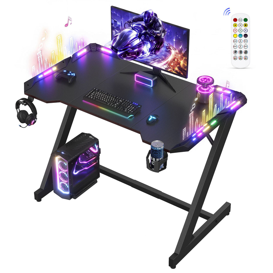 Gamingbureau – Carbonlook – RGB-Verlichting – Bekerhouder – 100 x 60 cm – Koolzwart