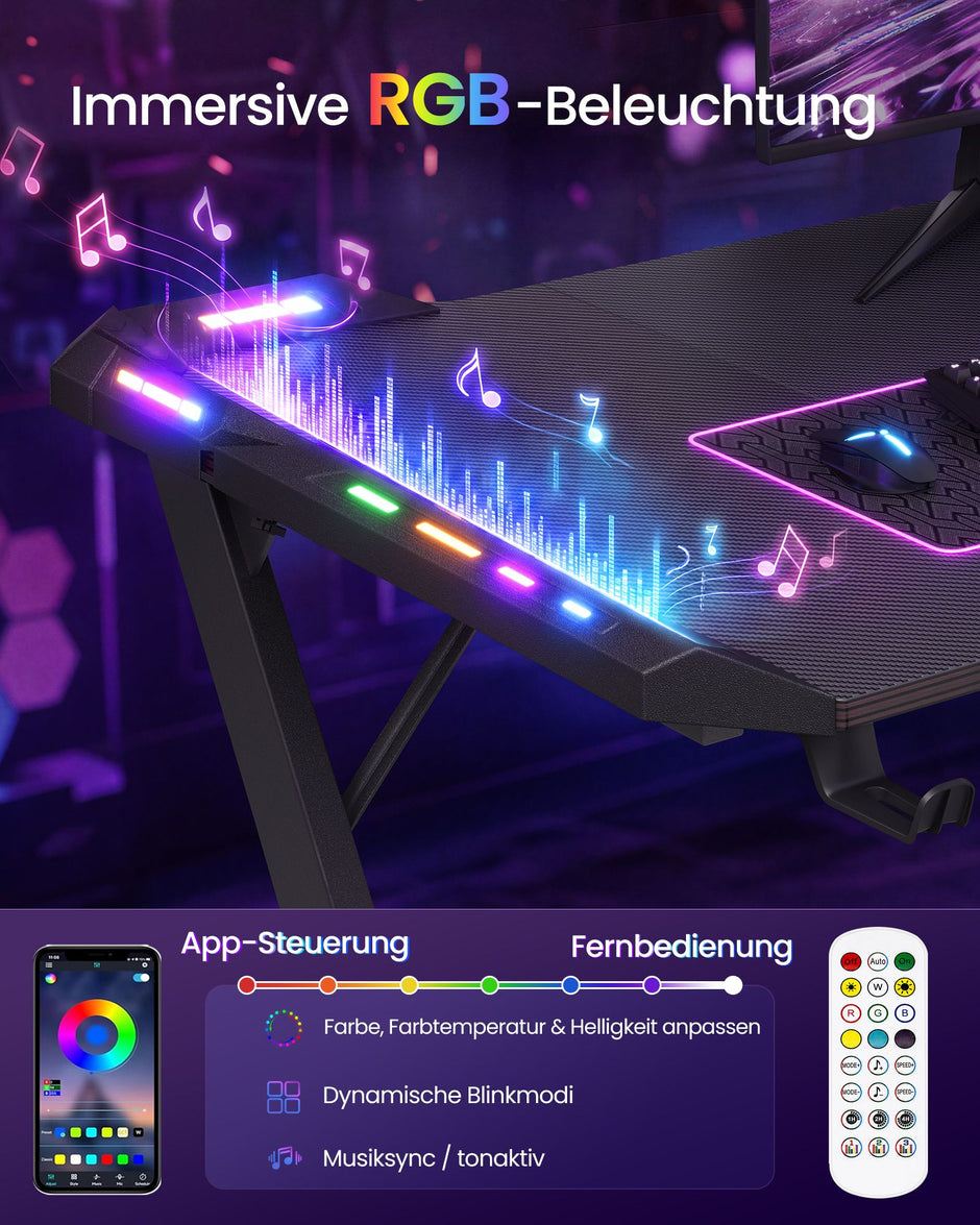 Gamingbureau – Carbonlook – RGB-Verlichting – Bekerhouder – 100 x 60 cm – Koolzwart