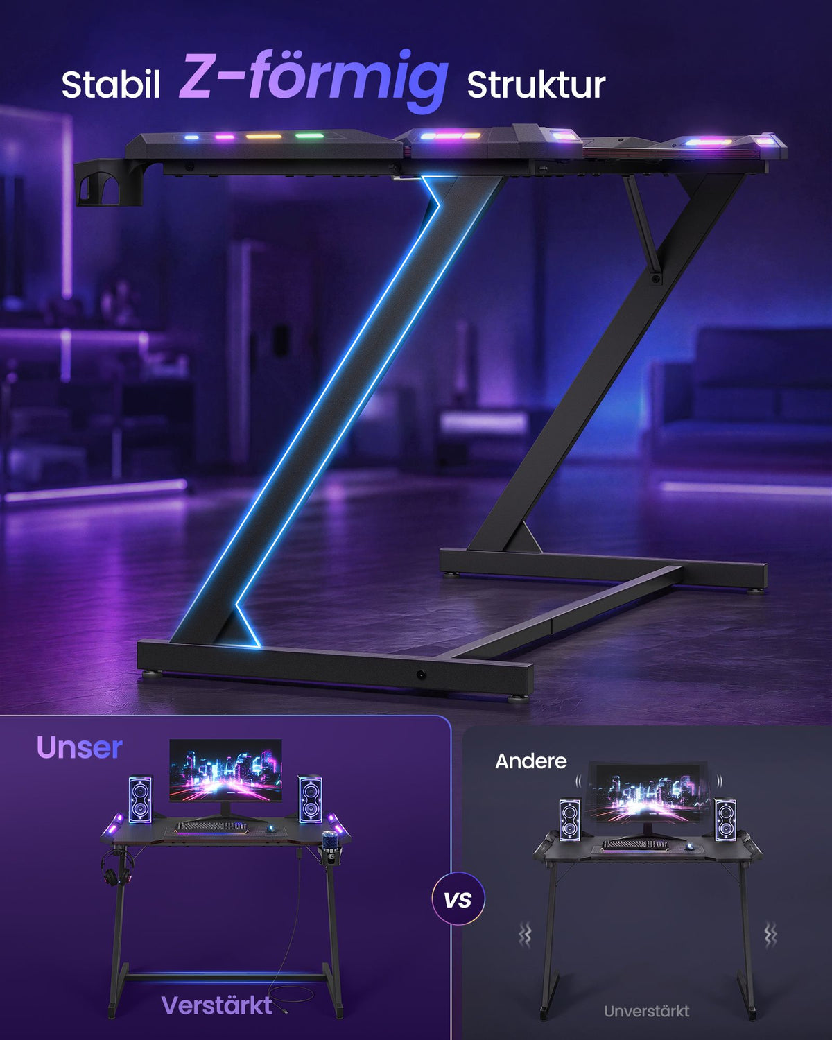 Gamingbureau – Carbonlook – RGB-Verlichting – Bekerhouder – 100 x 60 cm – Koolzwart