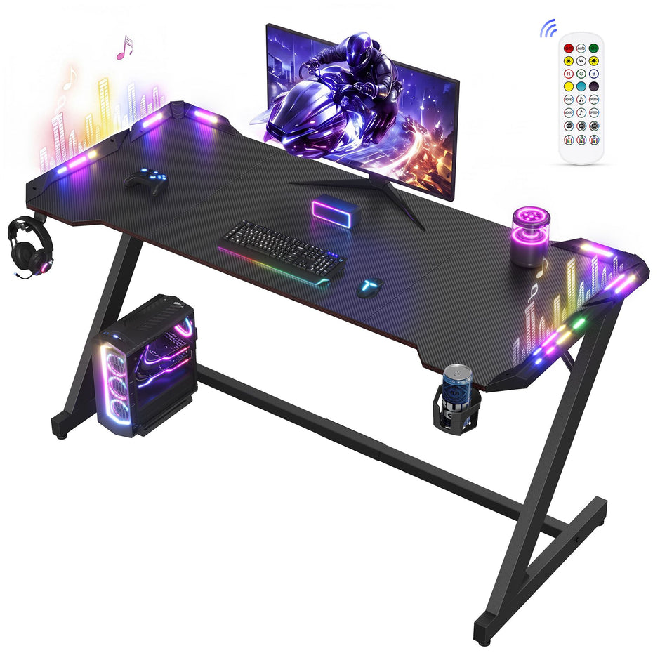 Gamingbureau Z-Vorm – Carbonlook – LED-Verlichting – Bekerhouder – 140 x 60 cm – Koolzwart