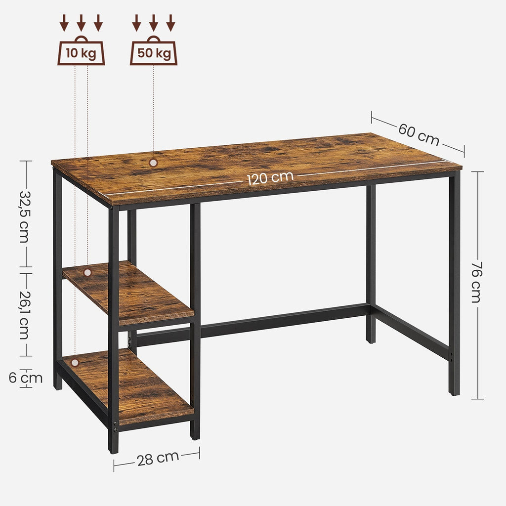 Bureau - PC-tafel met 2 legplanken - Links of rechts monteerbaar - 120 x 60 x 75 cm