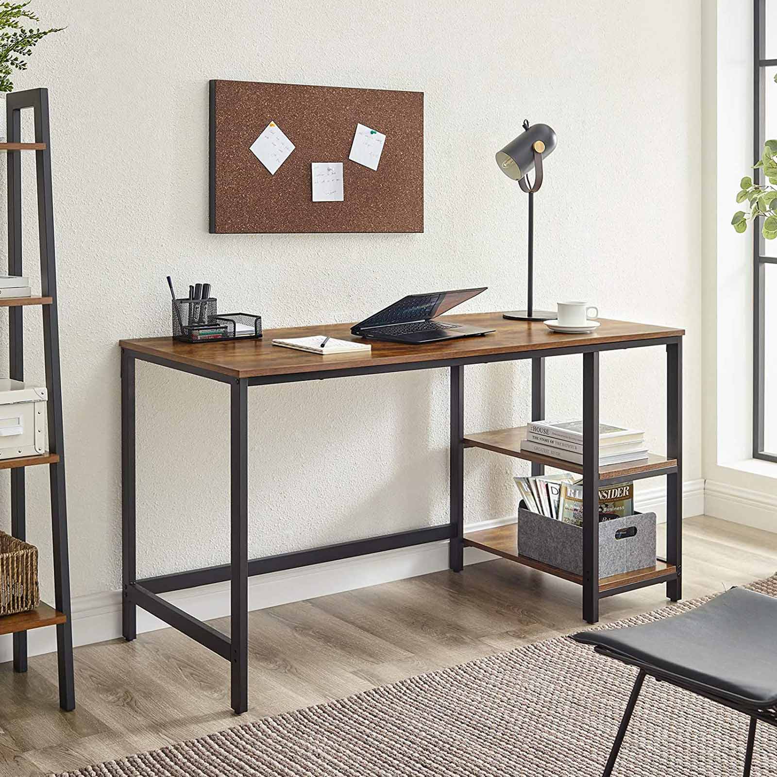 Computertafel – Bureau met 2 planken – Stalen frame – Bruin/Zwart
