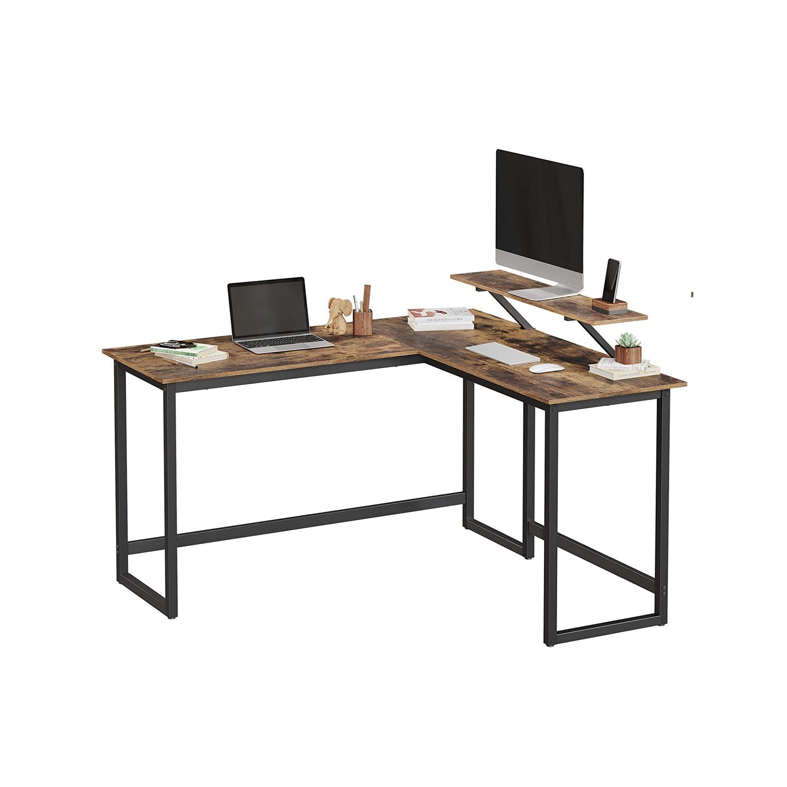 Hoekbureau – L-vormig met monitorbeugel – Vintage bruin, zwart